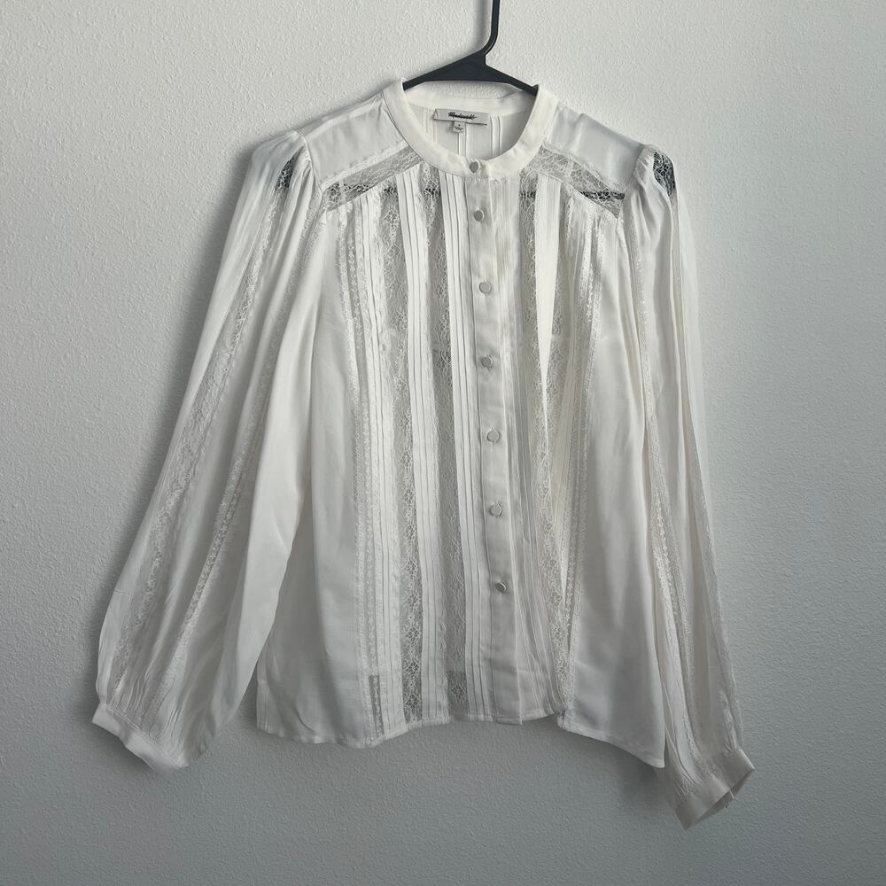Madewell Lace Insert Button Up Long Sleeve Top XXS White Sheer NY338 FLAW